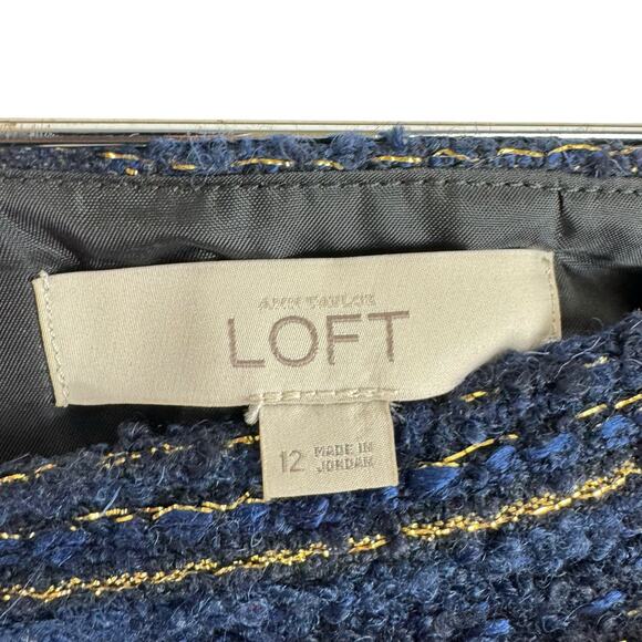 LOFT Blue Gold Shimmery Wool Blend Straight Lined Boucle Mini Skirt Size 12 - Picture 6 of 7